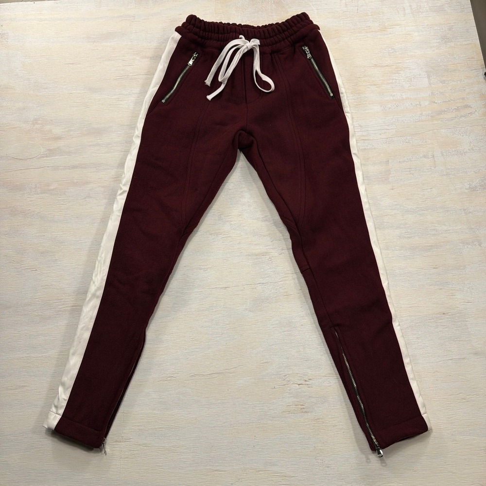 Embellish Jogger Pants Small Wool Blend Side Stripe Ankle Zip Burgundy Mens
